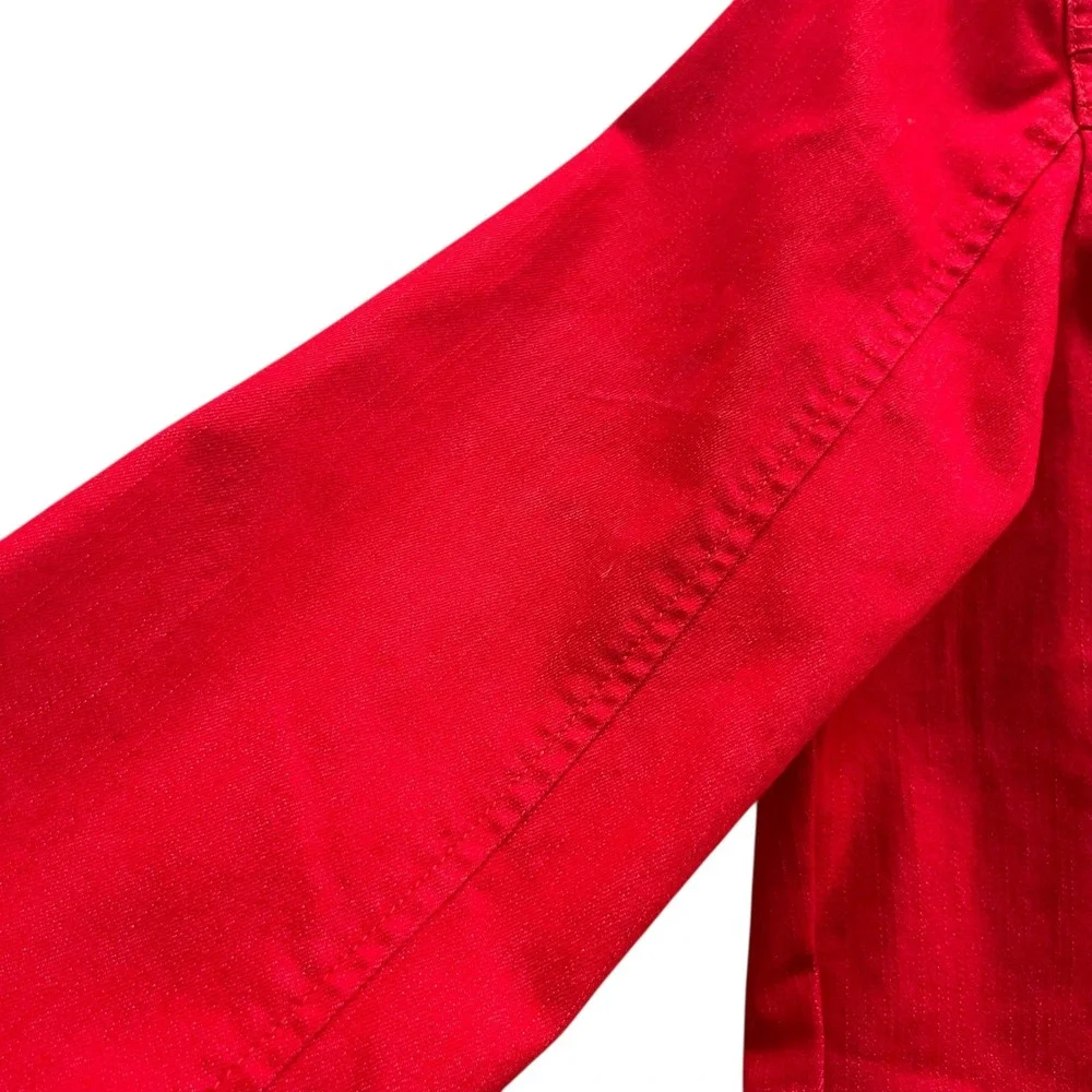 Jessica London Women 14 Red Denim Cotton Blend Full Zip Ruffle Front Jean Jacket